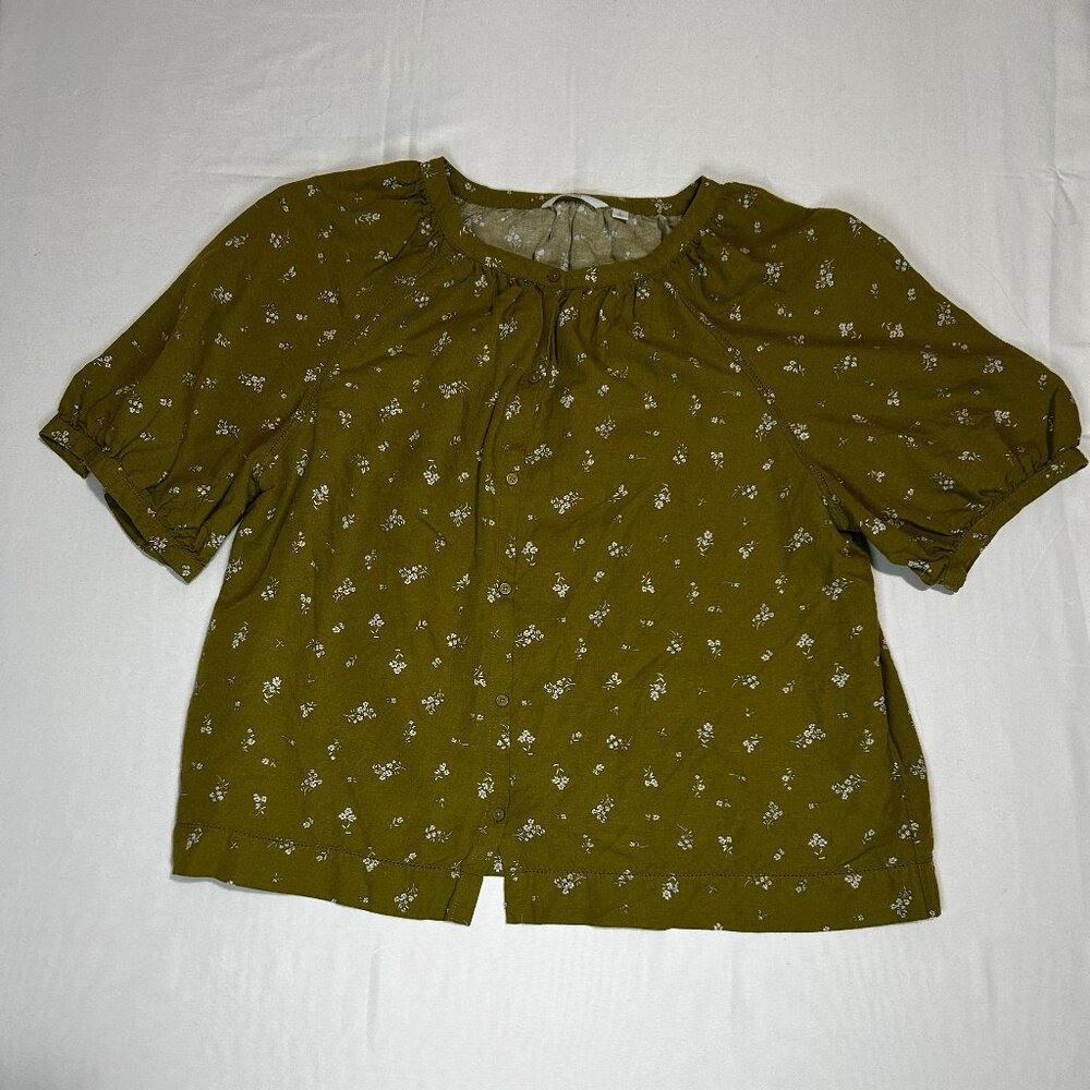 Uniqlo Olive Green Short Sleeve Floral Blouse